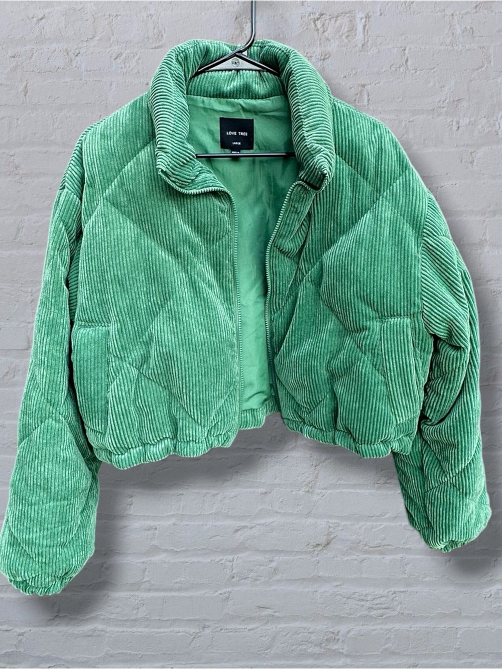 Love Tree Kelly Green Corduroy Cropped Puffer Jacket L Quilted Streetwear Coat - Picture 7 of 15
